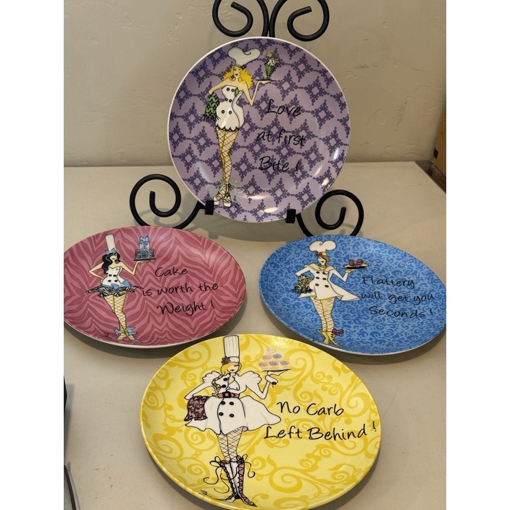 Set of 4 Delish Girls w Attitude Salad Dessert Plates  8" Purple Yellow Blue Red